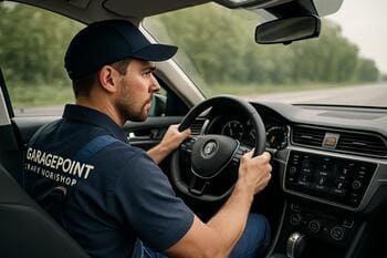 Neon işıqlar altında test yürüşü üçün şəhər yoluna çıxan avtomobil