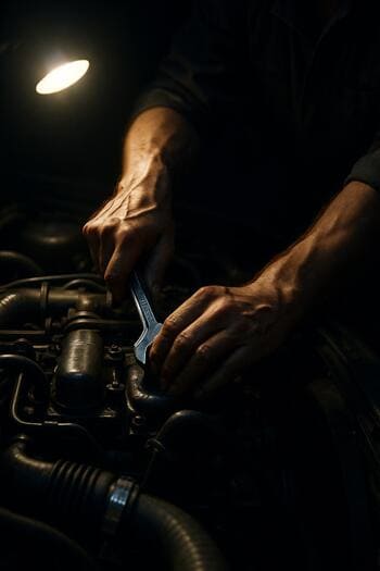 GaragePoint ustası gecə növbəsində avtomobil mühərrikini yoxlayır