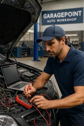 GaragePoint ustası diaqnostika cihazı ilə avtomobil elektronikası yoxlayır