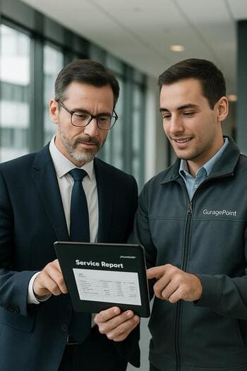 GaragePoint ofisində flot meneceri monitor qarşısında pin co hesabatına baxır