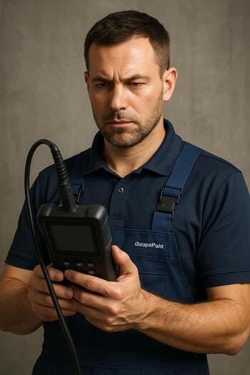 GaragePoint elektro ustası diaqnostika cihazı ilə salon elektronikası yoxlayır