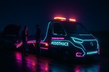 Gecə vaxtı yol kənarında GaragePoint kömək maşını və müştəri avtomobili