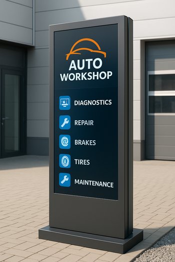 GaragePoint girişində neon servis totemi və iş saatları