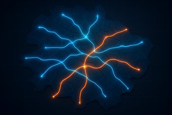 GaragePoint şəbəkə xəritəsində müxtəlif məntəqələrə aparan müştəri axın xətləri