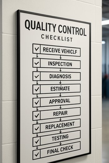 GaragePoint məntəqəsinin divarında asılmış keyfiyyət yoxlama siyahısı