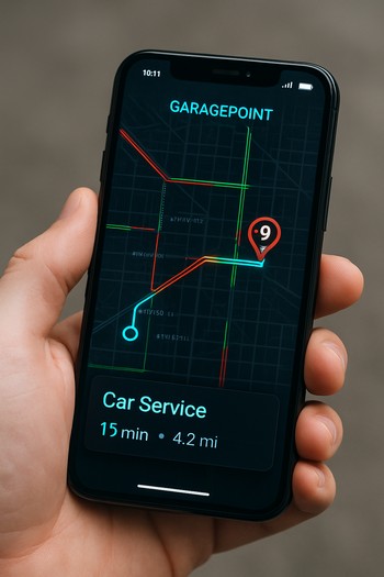 GaragePoint tətbiqində məntəqəyə gəliş marşrutu göstərilən telefon ekranı