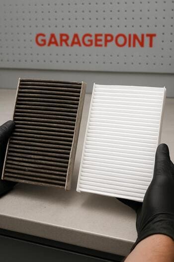 Neon işıq altında təzə kabin filtrlərinin rəfdə düzülməsi