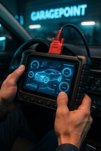 GaragePoint ustası diaqnostika skaneri ilə mühərrik elektronikası yoxlayır