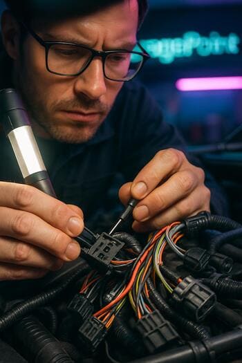 Neon işıq altında avtomobil elektrik naqillərinin yoxlanması