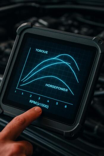 Mühərrik performans qrafiklərinin neon tərtibatlı planşet ekranında görünüşü