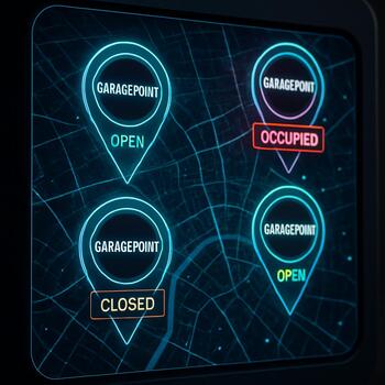 GaragePoint şəbəkə xəritəsində müxtəlif servis məntəqələrinin neon paneldə göstərilməsi