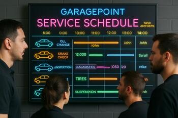 GaragePoint ofisində neon markerlərlə doldurulmuş servis plan divar paneli