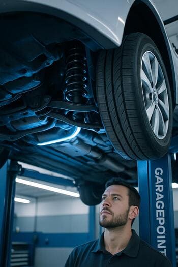 GaragePoint qaldırıcıda asqı elementlərini yoxlayan usta