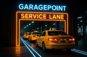 Neon işıqlı GaragePoint taksi xəttində növbə gözləyən taksi avtomobilləri